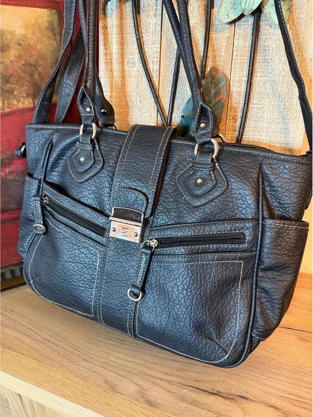 Rosetti Black Faux Leather Shoulder Satchel/Top Handle Purse
